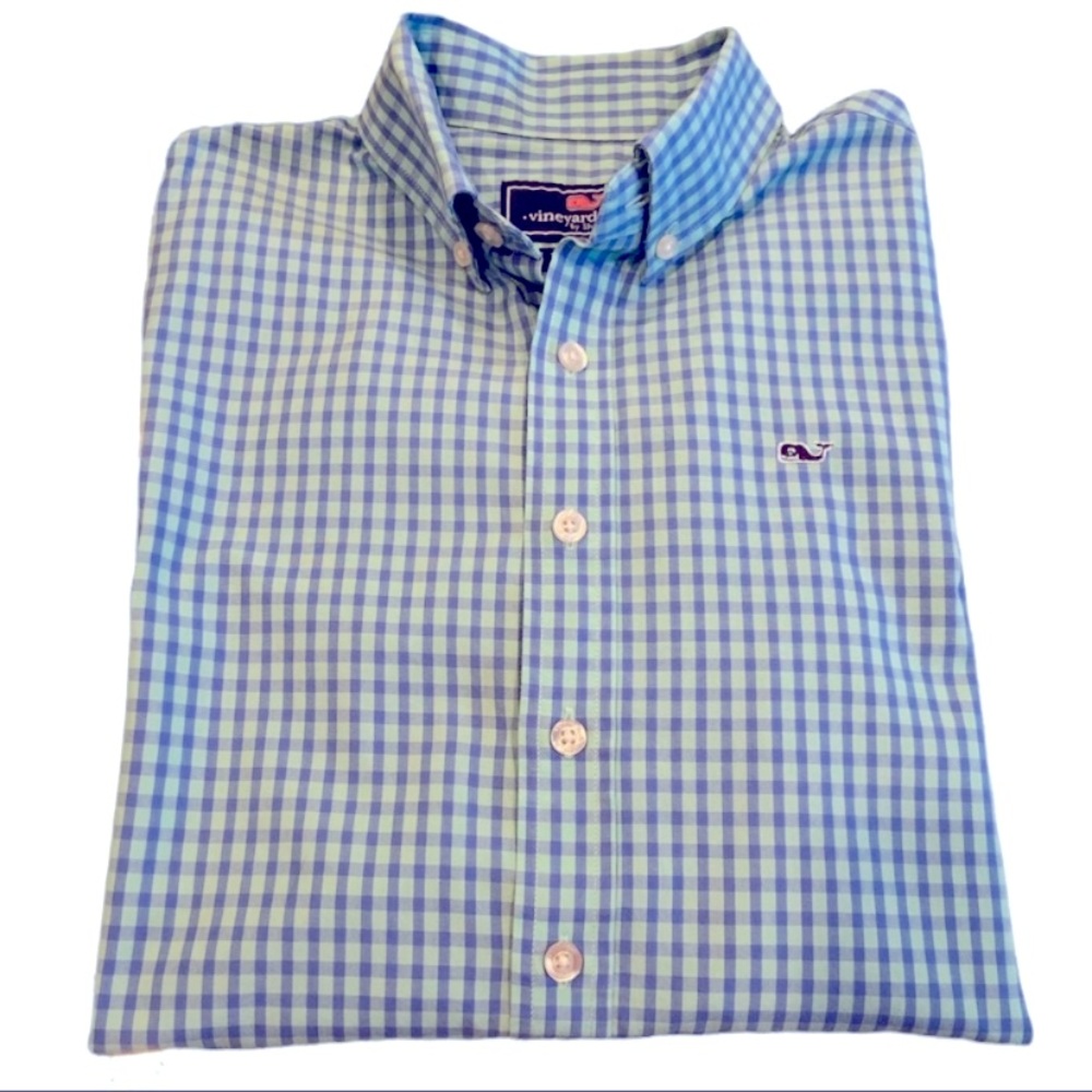 Vineyard Vines Boys Whale Button Down Shirt Green Blue Check Size Large-Like New